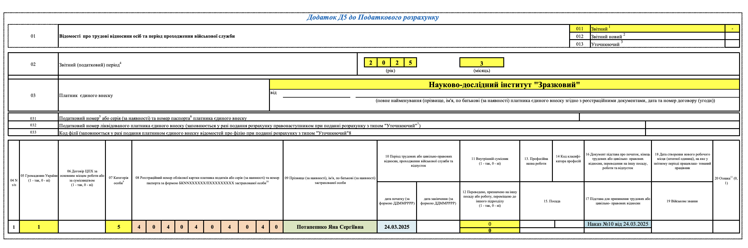 Додаток Д5 до Податкового розрахунку